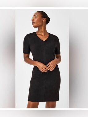SPANX Women's Faux Suede Column Dress Classic Black V Neck Sz Extra Large Basic